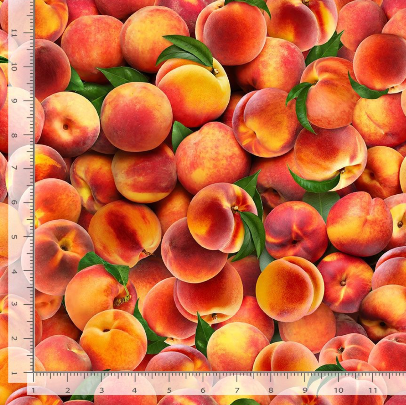 Fresh Fruit Packed Peaches fabric by Timeless Treasures featuring realistic ripe peaches and green leaves in a vibrant digital print on premium quilting cotton fabric.