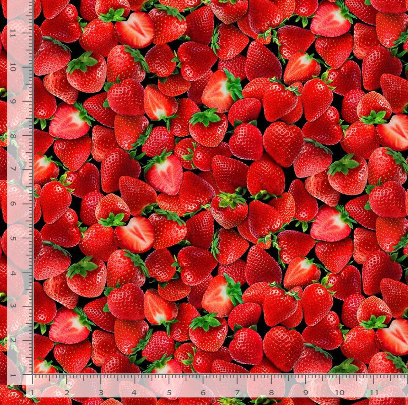 Fresh Fruit Packed Strawberries fabric by Timeless Treasures featuring realistic ripe red strawberries with green leaves on a black background in a vibrant digital print cotton fabric.