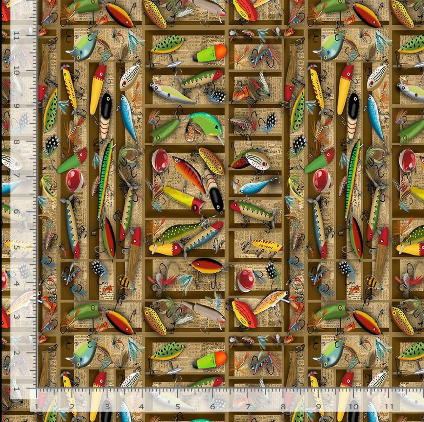 Woodland Retreat Tackle Box Lures fabric by Gail Cadden for Timeless Treasures featuring colorful fishing lures, flies, bobbers, hooks, and tackle box compartments in a realistic digital print cotton fabric.