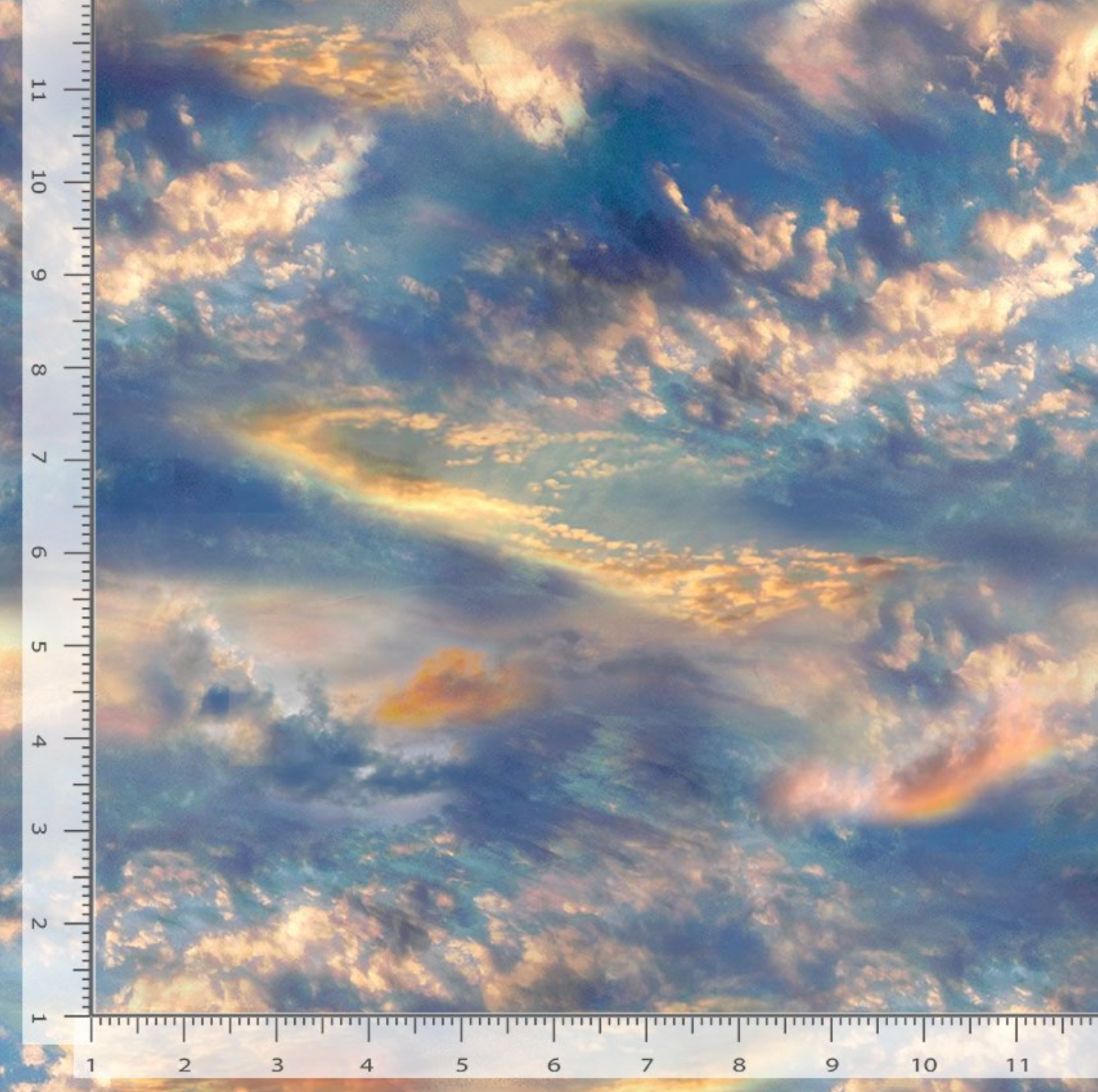 Water's Edge Beach Sky fabric by Chong-A Hwang for Timeless Treasures featuring dramatic ocean sunset clouds in shades of blue, lavender, peach, and gold on premium digital print cotton fabric.