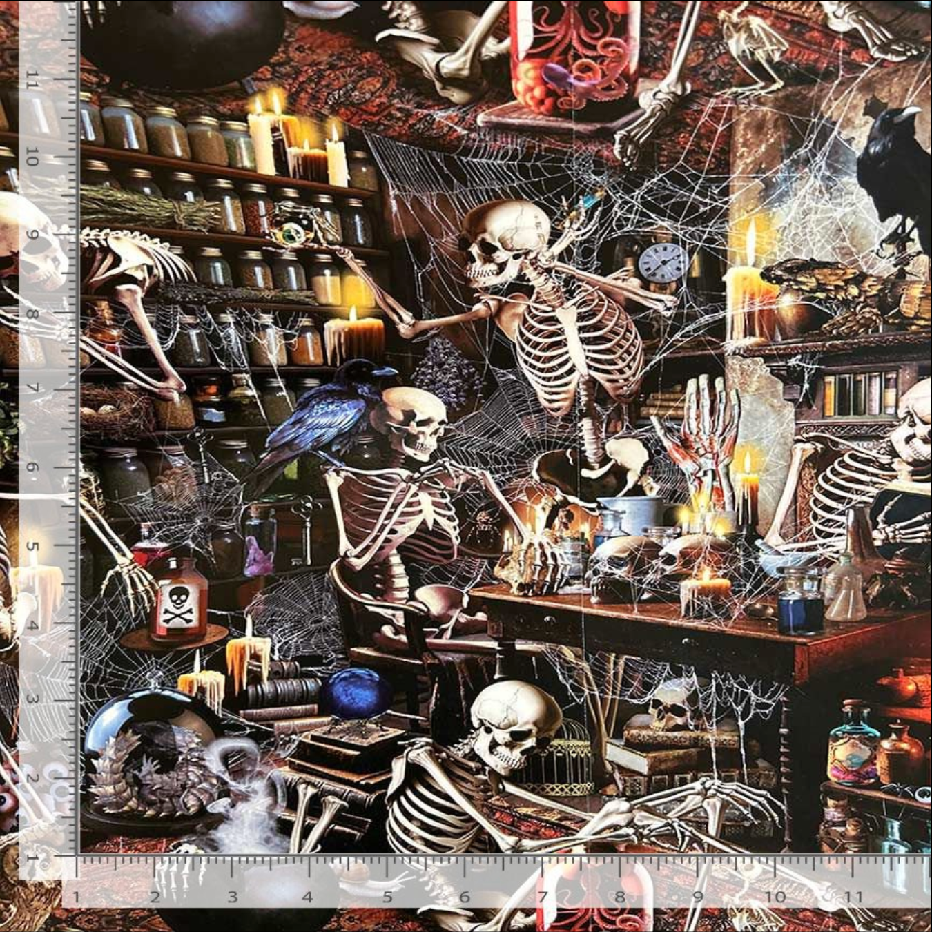 Spooky Apothecary fabric by Timeless Treasures featuring skeletons, skulls, ravens, potion bottles, candles, spell books, and cobwebs in a richly detailed Halloween-themed digital print cotton fabric.