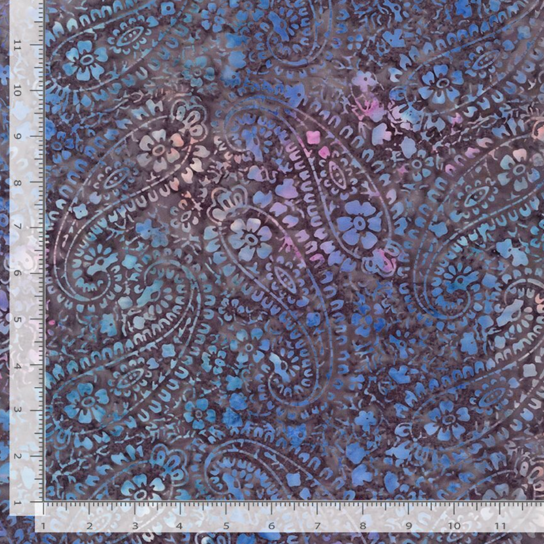 Blue and lavender floral paisley batik fabric with intricate botanical motifs by Wing and A Prayer Design for Timeless Treasures.