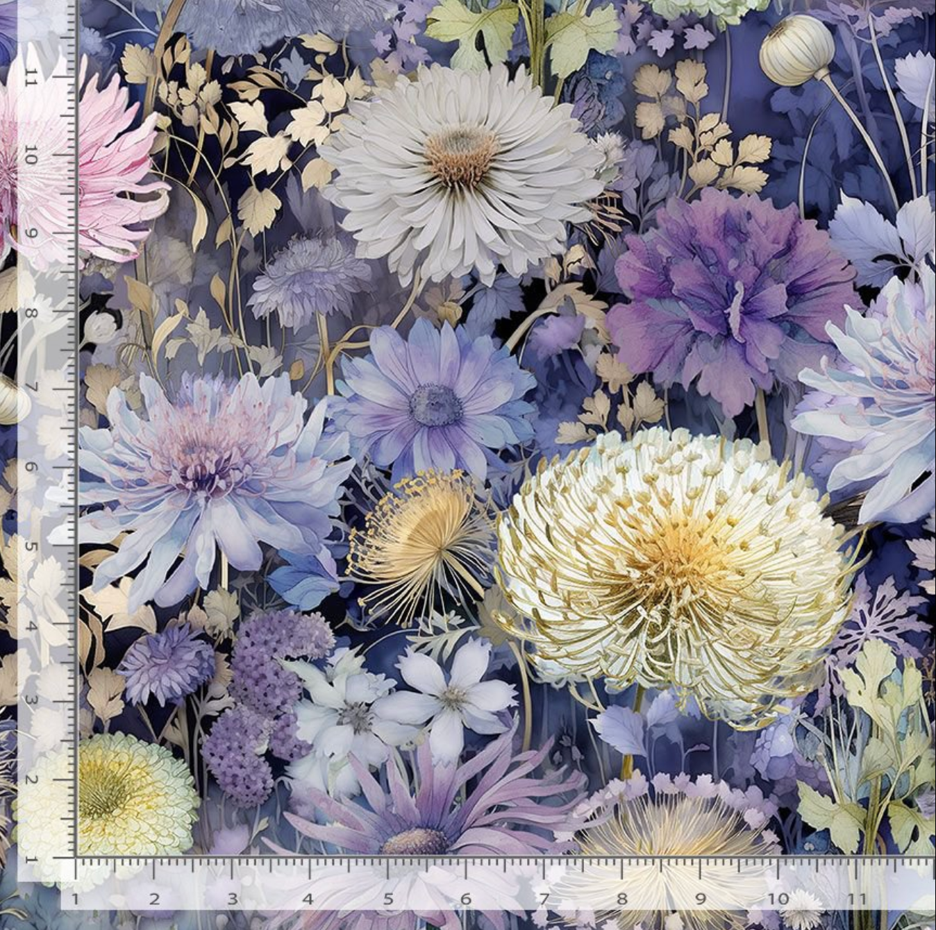 Mystic Meadow digital cotton fabric featuring elegant blooming wildflowers in lavender, ivory, blush, and cream on a midnight blue botanical background by Timeless Treasures.