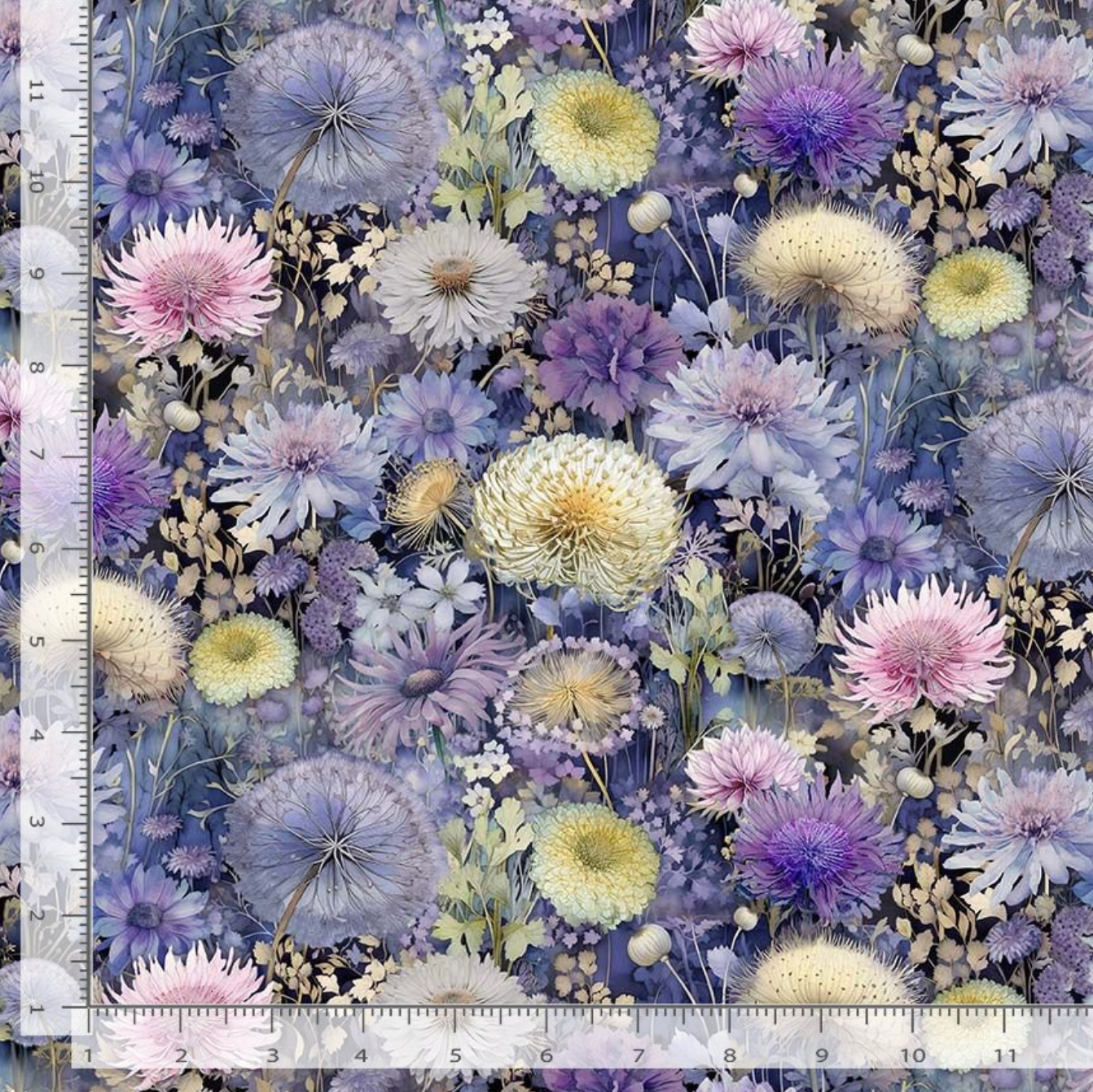Mystic Meadow digital cotton fabric featuring densely packed wildflowers in lavender, violet, blush pink, cream, and pale yellow on a twilight blue botanical background by Timeless Treasures.