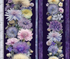 Mystic Meadow digital cotton fabric featuring approximately 11-inch floral stripe panels with lavender, blush, ivory, and purple wildflowers separated by rich purple stripes.