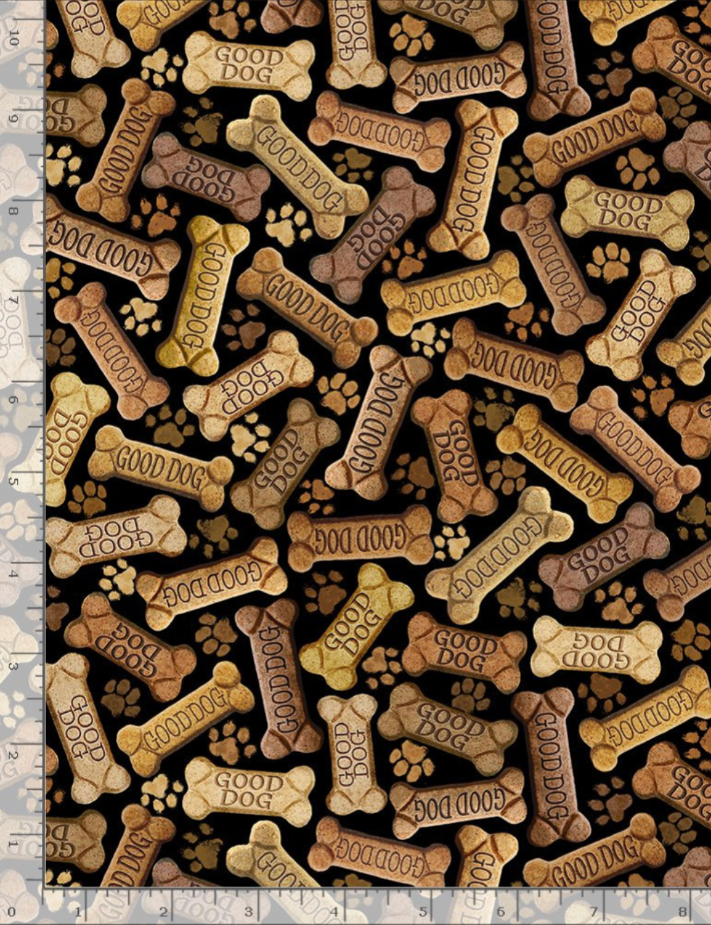 Digital cotton fabric featuring tossed Good Dog dog biscuits and paw prints on a black background by Timeless Treasures.