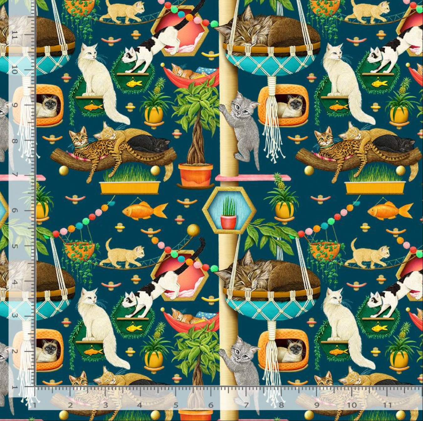 Digital cotton fabric featuring playful cats relaxing on cat trees, hammocks, scratching posts, and perches with tropical plants on a navy background by Rosie Dore for Timeless Treasures.