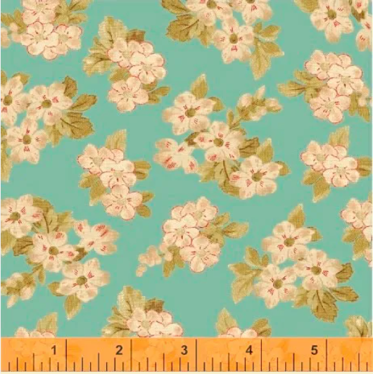 Aubrey Floral Aqua cotton fabric by Whistler Studios for Windham Fabrics featuring cream floral bouquets on a soft aqua background.