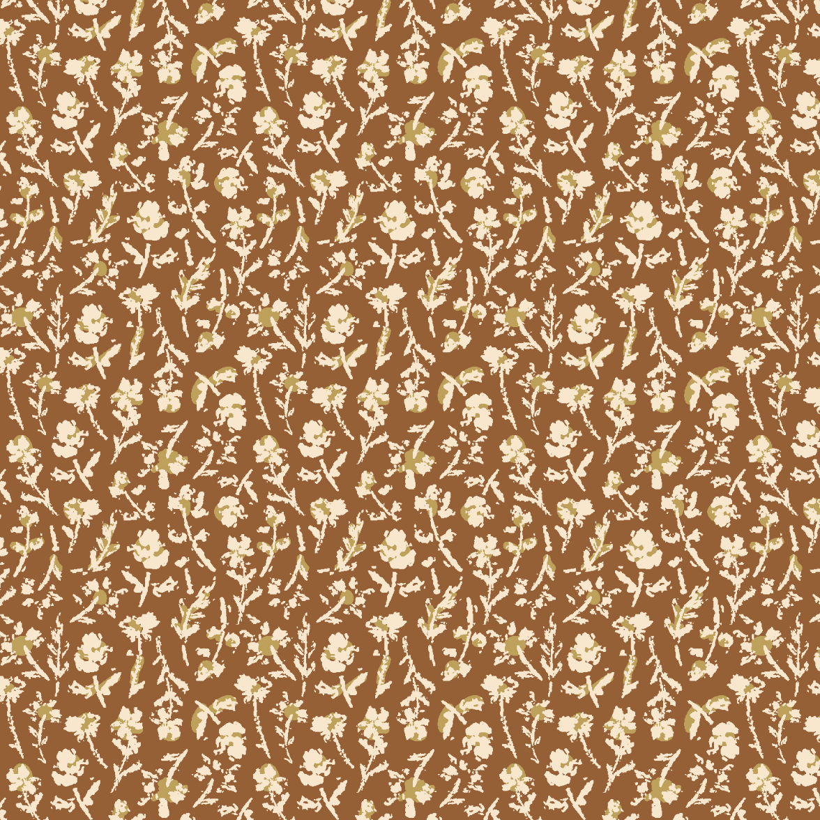 Summer Folk Little Florets Earth cotton fabric by Lissie Teehee for Cotton + Steel featuring delicate cream wildflowers on a warm brown background.