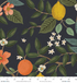 Bramble Citrus Grove Navy Unbleached Canvas by Rifle Paper Co. for Cotton + Steel featuring oranges, lemons, blossoms, and green foliage on a navy background.
