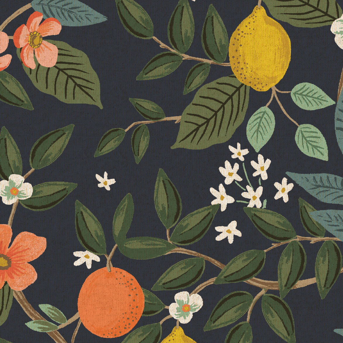 Bramble Citrus Grove Navy Unbleached Canvas by Rifle Paper Co. for Cotton + Steel featuring oranges, lemons, blossoms, and green foliage on a navy background.