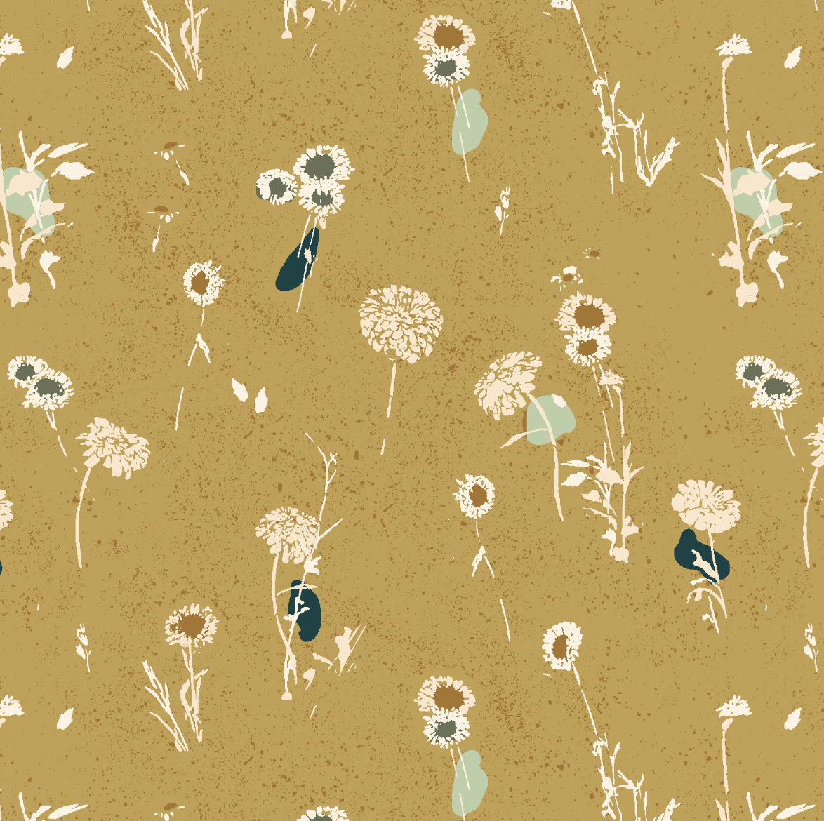 Summer Folk Painted Meadow Honey premium cotton fabric by Lissie Teehee for Cotton + Steel featuring delicate wildflowers, dandelions, and meadow grasses on a warm honey-gold background.