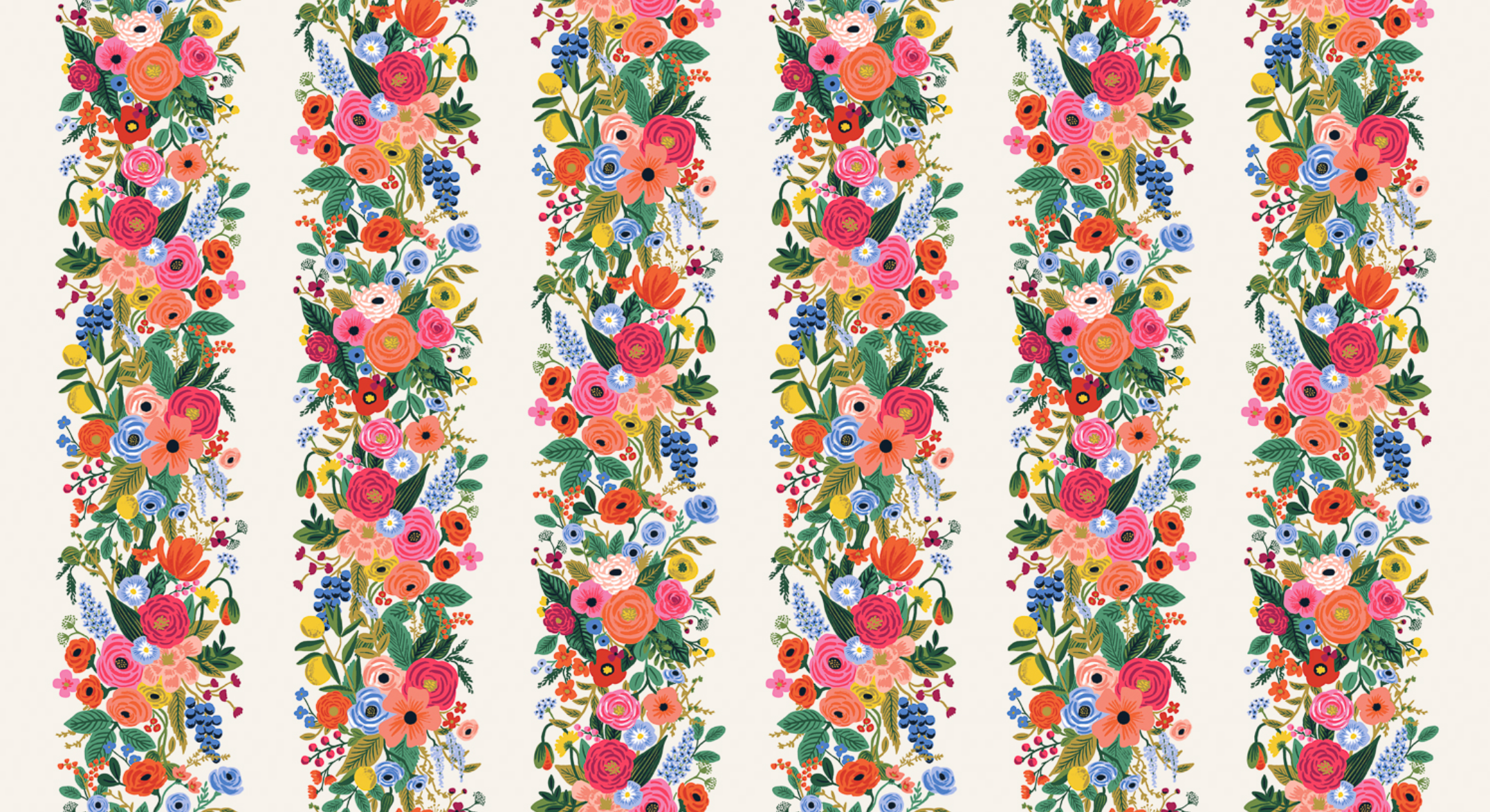 Wildwood Garden Party Vines Cream fabric by Rifle Paper Co. featuring colorful vertical floral bouquet stripes on a soft cream background.