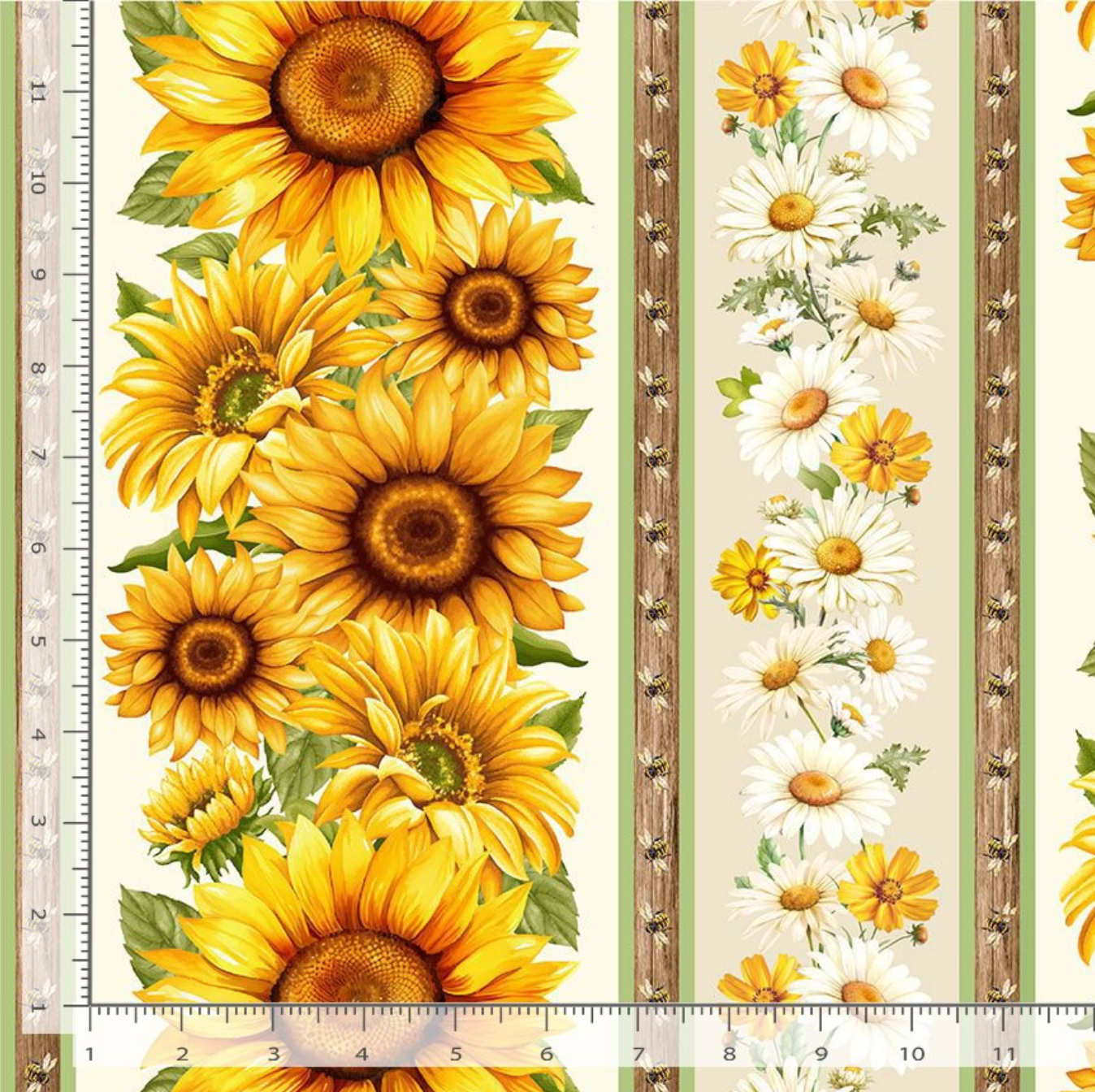 Timeless Treasures You Are My Sunshine sunflower stripe cotton fabric featuring large sunflowers, white daisies, bees, and rustic wood stripe accents.