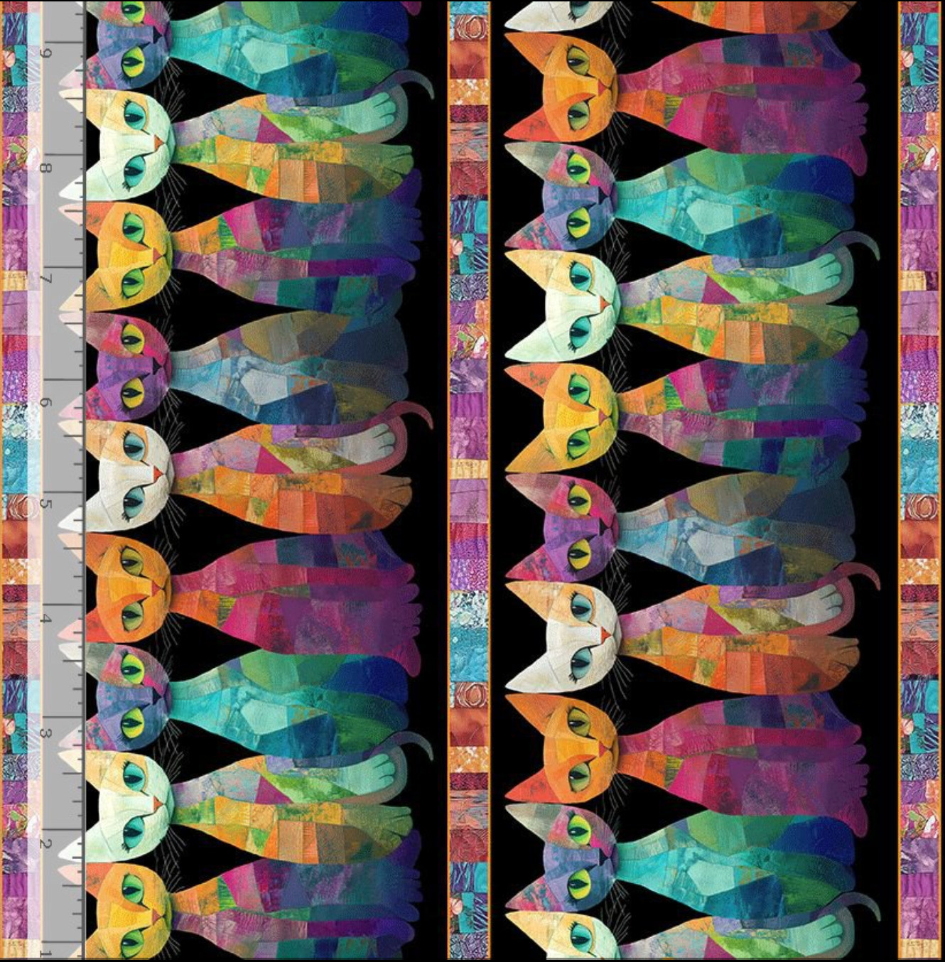 Timeless Treasures Sophisticat Quilt Cats stripe cotton fabric featuring colorful patchwork-style cats on a black background with decorative mosaic borders.