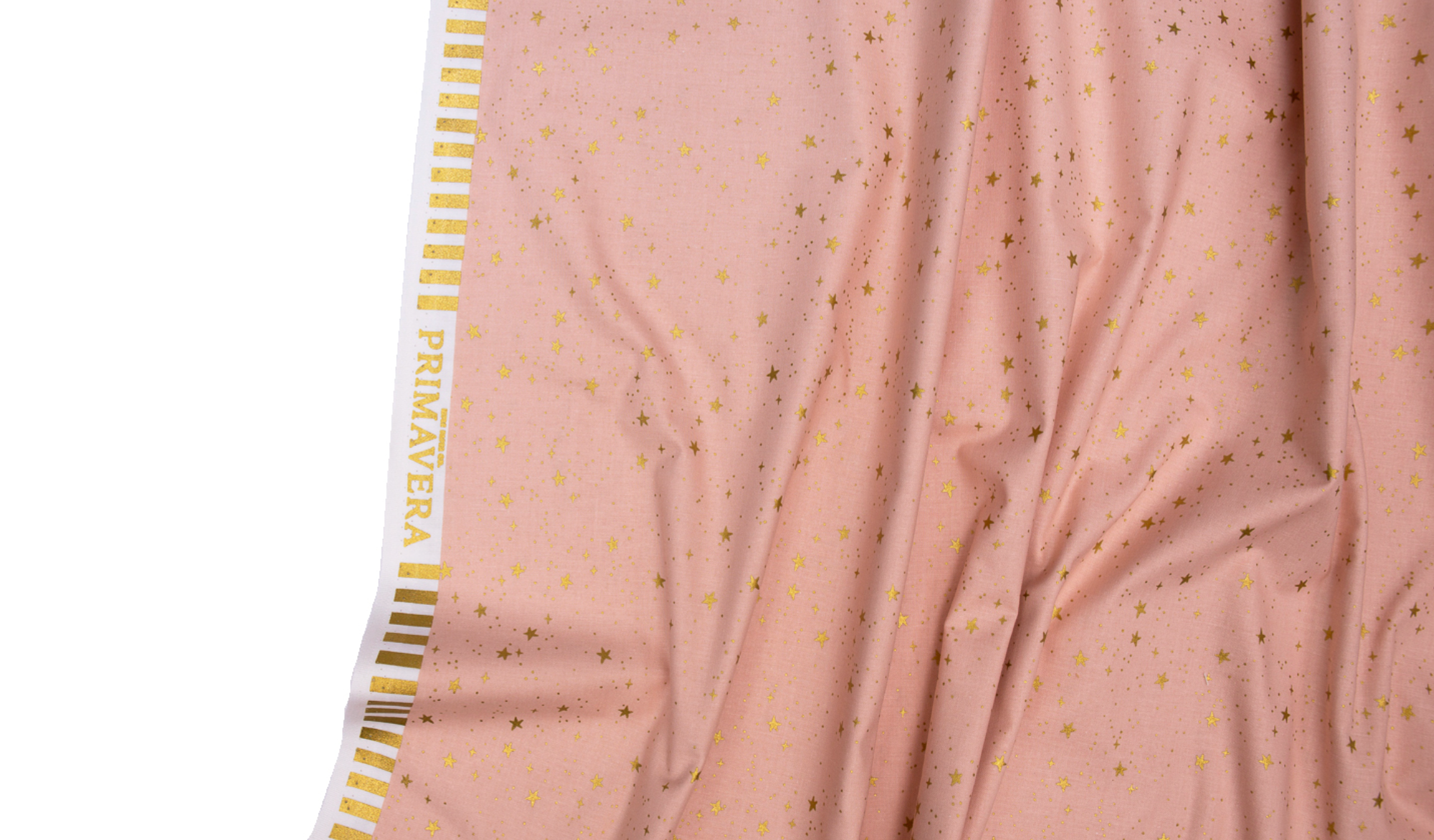 Primavera Stars Blush Metallic fabric by Rifle Paper Co. featuring shimmering metallic gold stars scattered across a soft blush pink background.