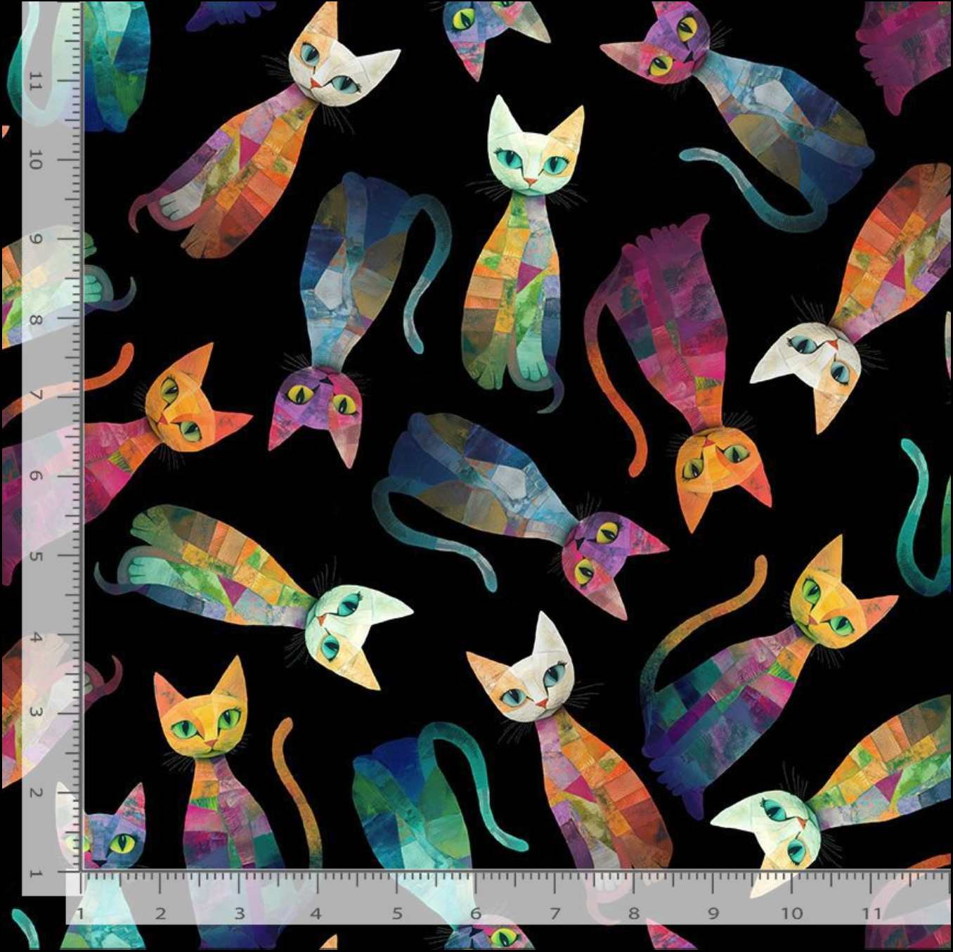 Timeless Treasures Sophisticat Tossed Quilt Cats cotton fabric featuring colorful patchwork-style cats scattered on a black background.