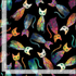 Timeless Treasures Sophisticat Tossed Quilt Cats cotton fabric featuring colorful patchwork-style cats scattered on a black background.