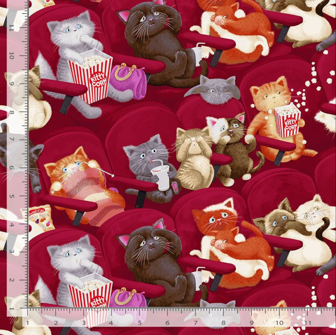 Timeless Treasures Meow You Doing Scaredy Cats cotton fabric featuring adorable cats in movie theater seats eating popcorn and watching a film.