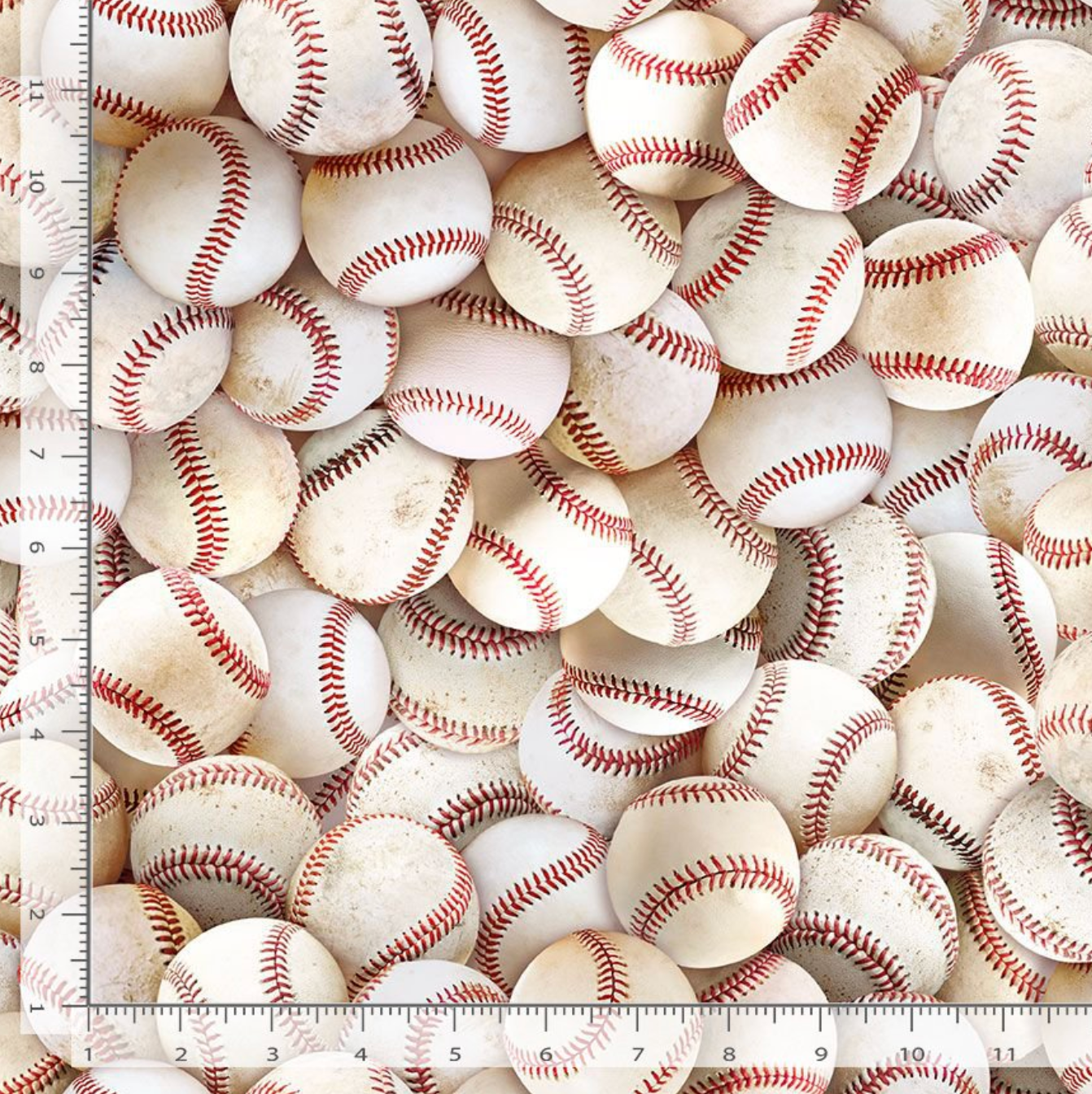 Timeless Treasures Packed Baseballs cotton fabric featuring realistic baseballs with classic red stitching in an all-over digital print.