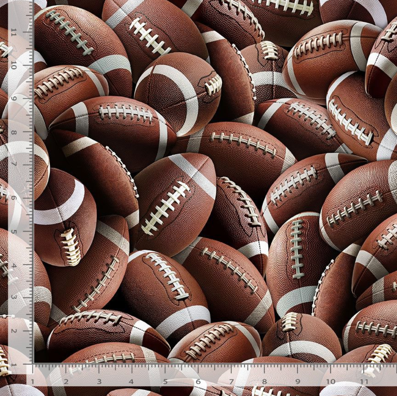 Timeless Treasures Packed Footballs cotton fabric featuring realistic brown footballs with white laces and stripes in an all-over digital print.