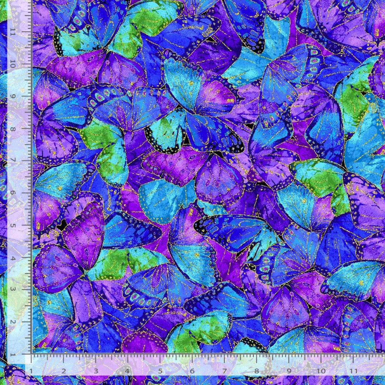 Evening Glow metallic butterfly cotton fabric by Chong-A Hwang featuring vibrant blue, purple, teal, and green butterflies with shimmering gold metallic accents.