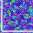 Evening Glow metallic butterfly cotton fabric by Chong-A Hwang featuring vibrant blue, purple, teal, and green butterflies with shimmering gold metallic accents.