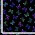 Evening Glow Tossed Butterflies metallic cotton fabric by Chong-A Hwang featuring blue, purple, teal, and green butterflies with shimmering gold metallic accents on a black background.