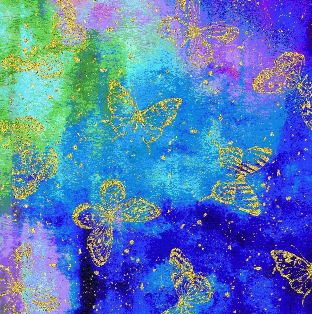 Evening Glow metallic cotton fabric by Chong-A Hwang featuring gold metallic butterflies on a vibrant watercolor background in blue, purple, teal, and green.
