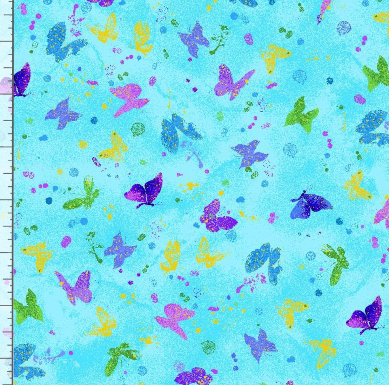 Evening Glow Butterflies in the Winds metallic cotton fabric by Chong-A Hwang featuring colorful butterflies with shimmering gold metallic accents on a soft sky blue watercolor background.