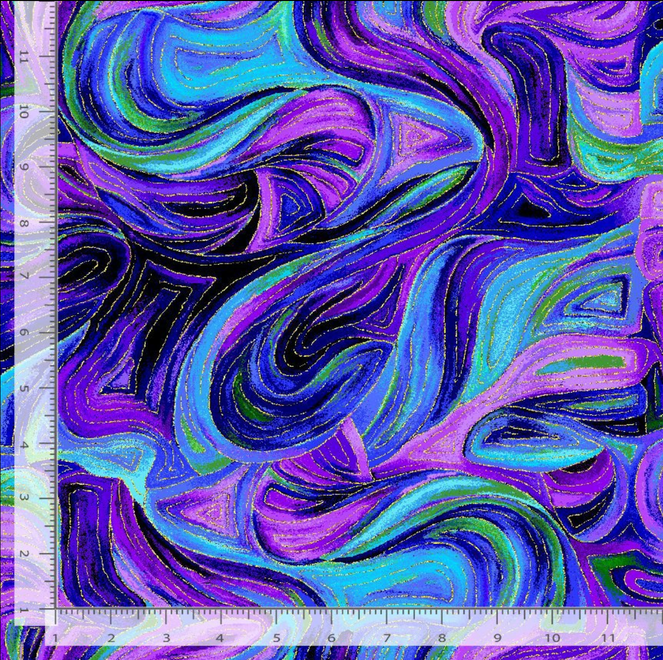 Evening Glow Butterfly Swirls metallic cotton fabric by Chong-A Hwang featuring abstract purple, blue, teal, and green swirls with shimmering metallic gold accents.