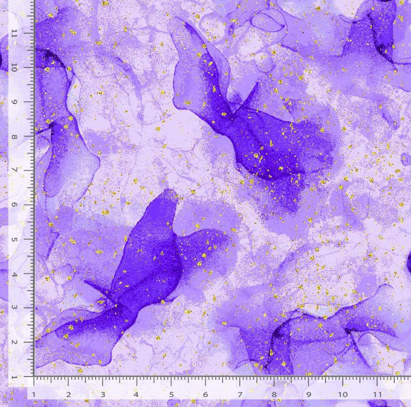 Evening Glow Water Paint Texture Purple metallic cotton fabric by Chong-A Hwang featuring flowing watercolor shades of lavender and purple with shimmering gold metallic accents.