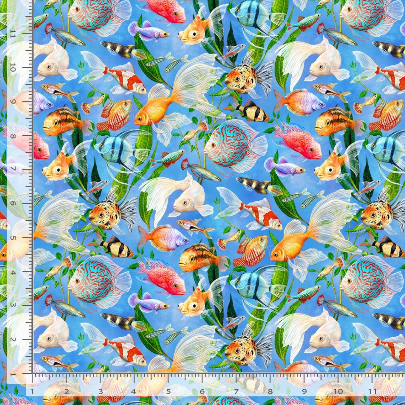 Feline Fanatic Aquarium Fish cotton fabric by Rosie Dore featuring colorful tropical fish, goldfish, koi, angelfish, and aquatic plants on a blue background.