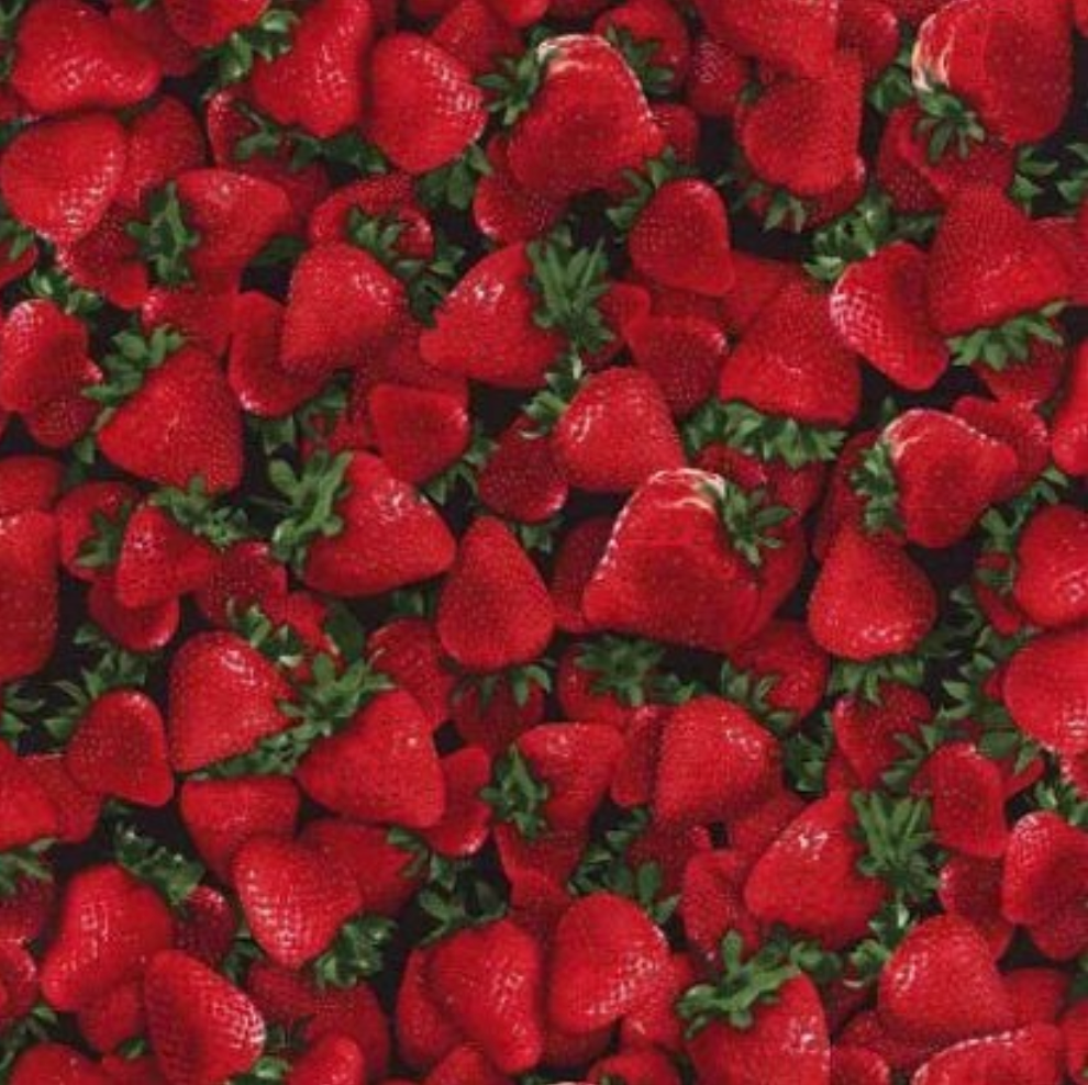 Farm Stand Strawberries cotton fabric by Timeless Treasures featuring realistic ripe red strawberries densely packed on a black background.