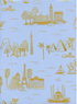 Les Fleurs City Toile Pale Blue metallic cotton lawn fabric by Rifle Paper Co. featuring gold illustrations of world landmarks on a pale blue background.