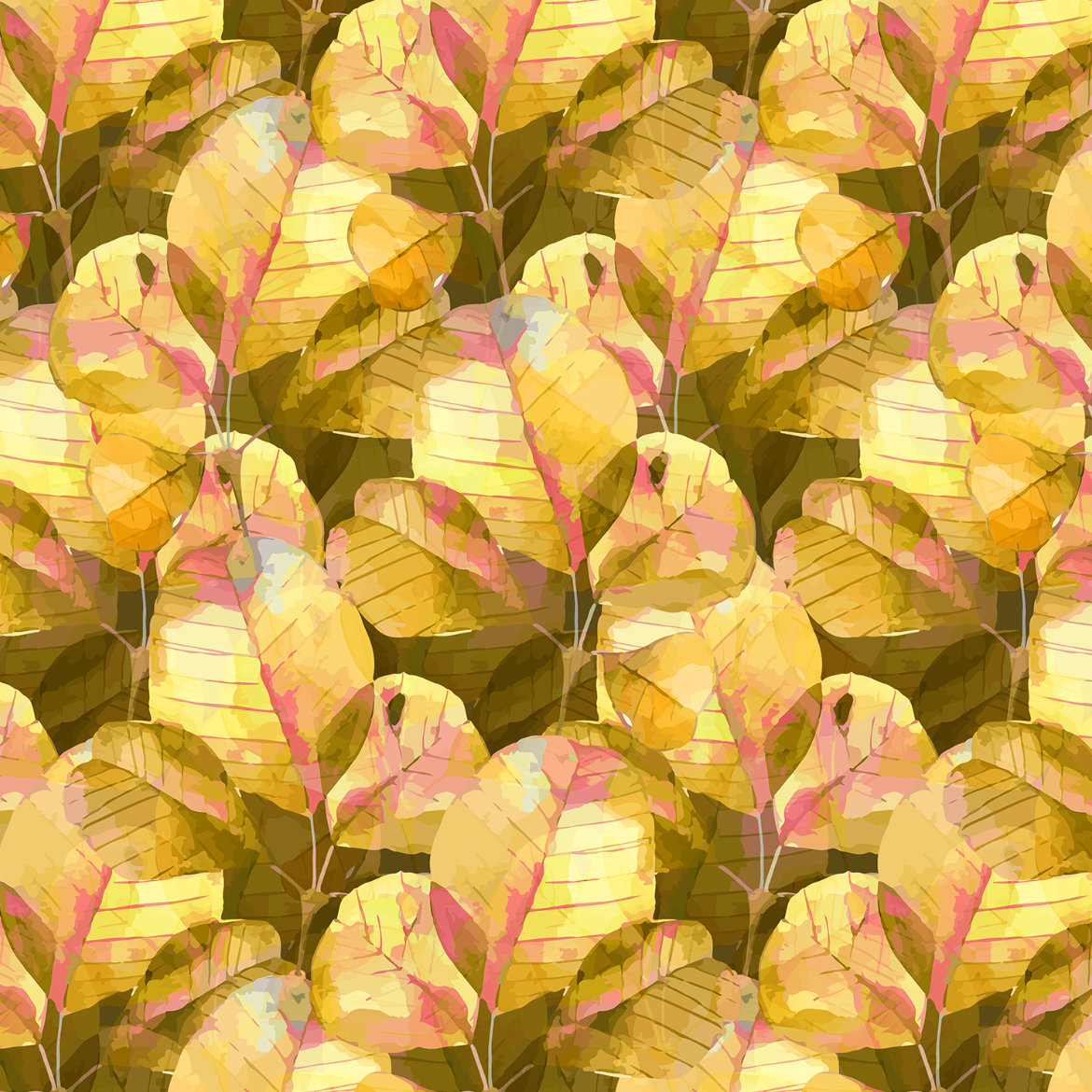 Enchanted Field Under The Canopy Lemonade cotton fabric featuring layered watercolor tropical leaves in shades of yellow, olive green, blush, and gold.