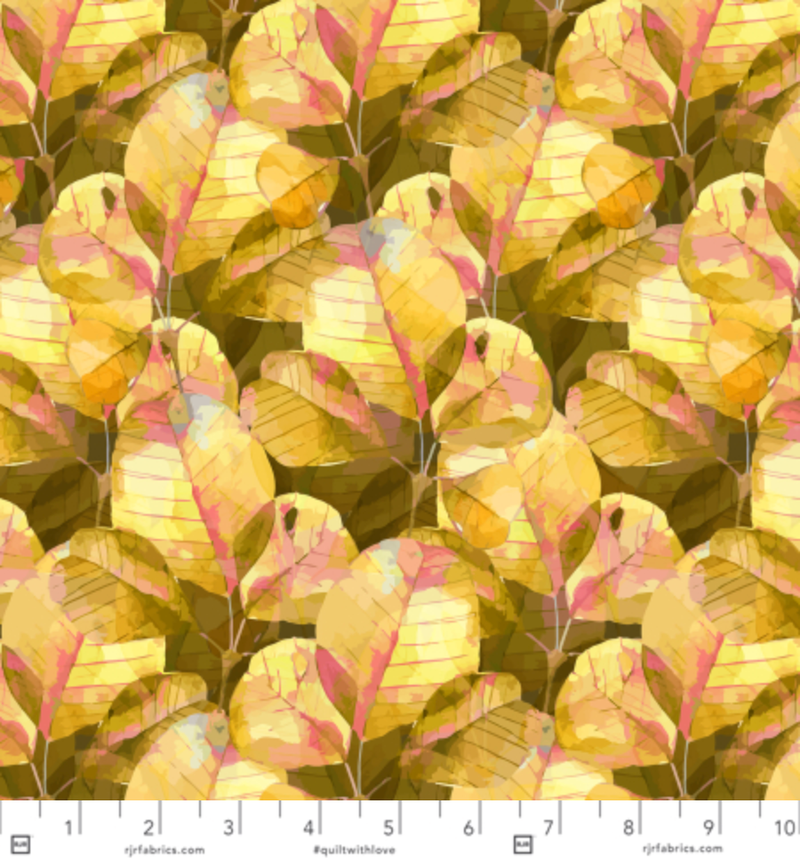 Enchanted Field Under The Canopy Lemonade cotton fabric featuring layered watercolor tropical leaves in shades of yellow, olive green, blush, and gold.