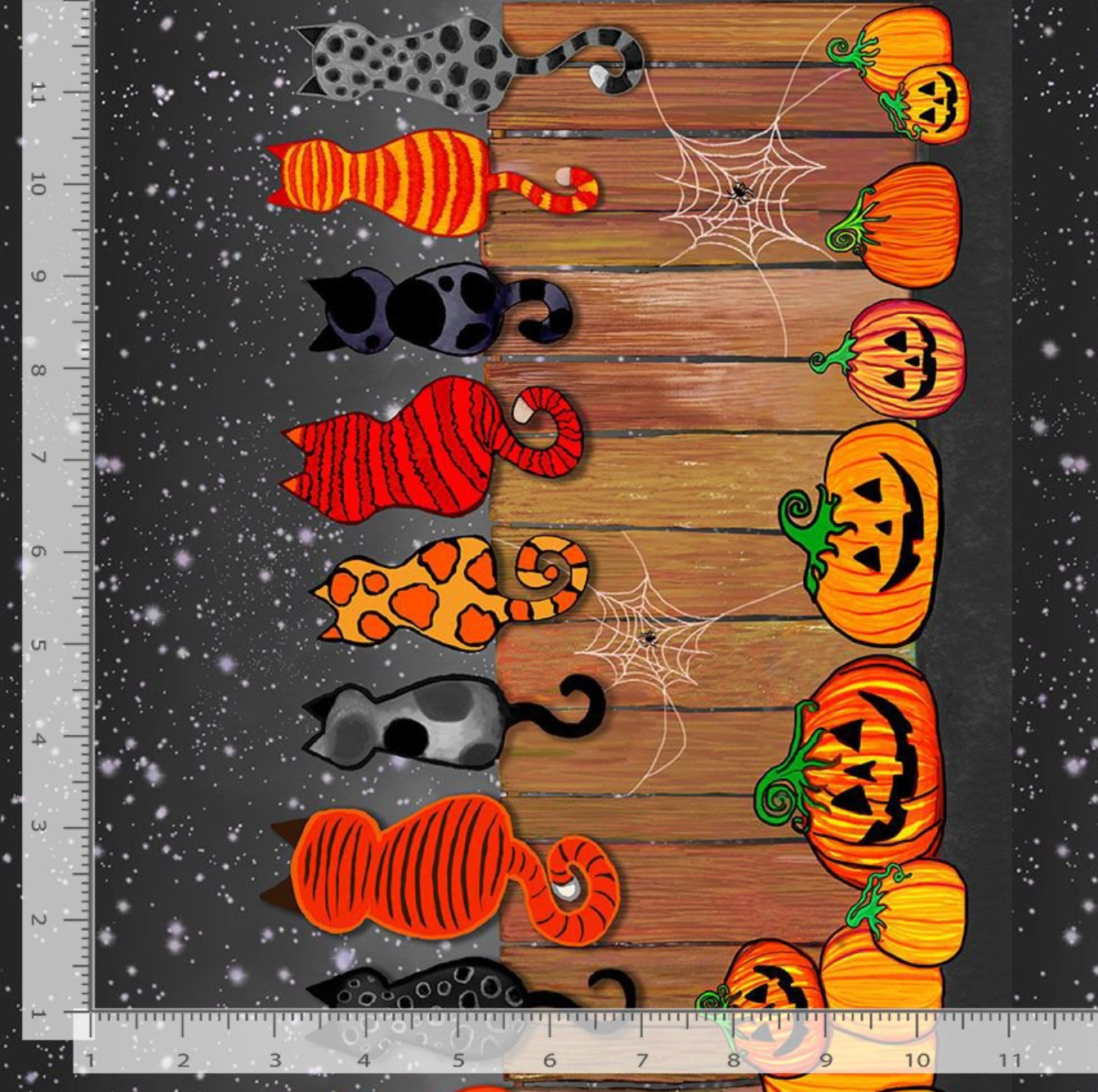 Feline Spooky Cats on Fence cotton fabric by Timeless Treasures featuring colorful Halloween cats, pumpkins, spider webs, and a rustic wooden fence.