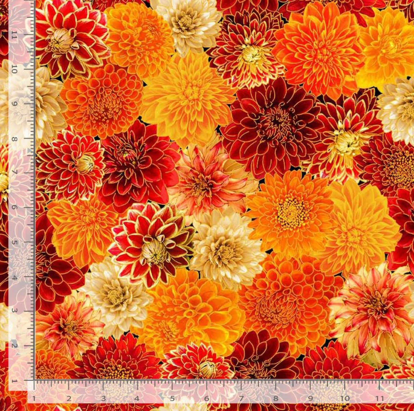 Give Thanks Chrysanthemum Mix cotton fabric by Timeless Treasures featuring vibrant chrysanthemums in orange, gold, burgundy, cream, and red.