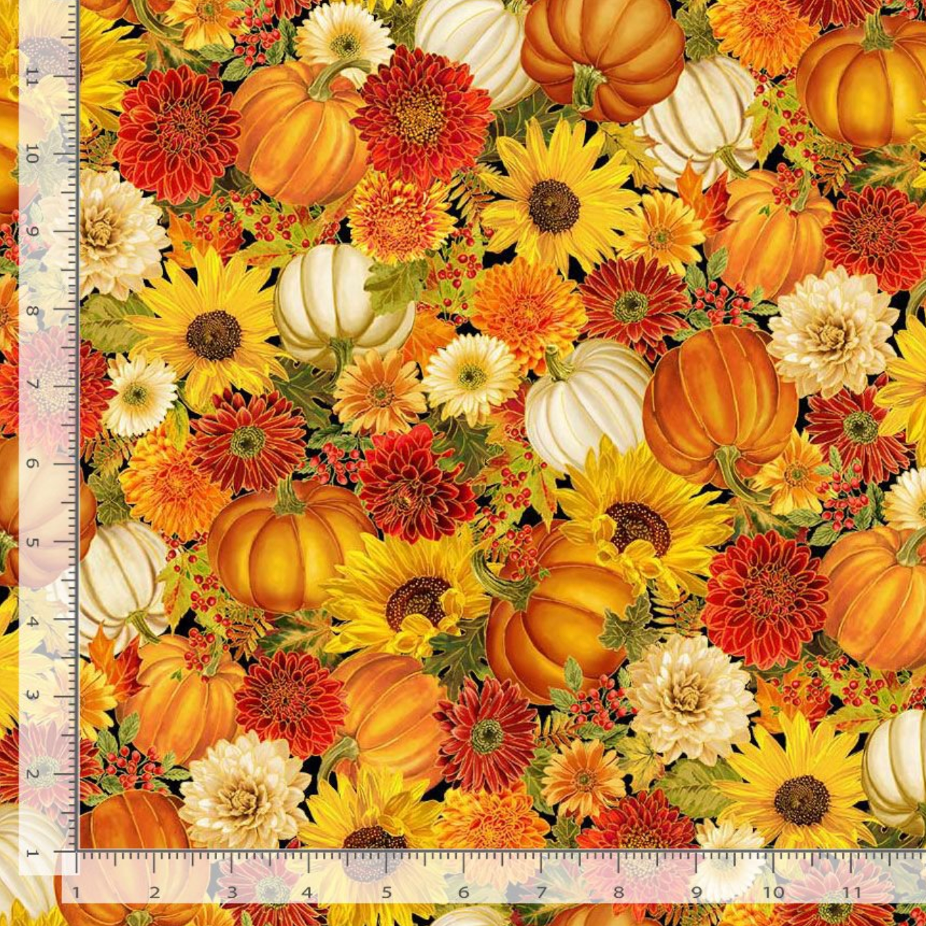 Give Thanks Harvest Floral & Pumpkin Metallic cotton fabric by Timeless Treasures featuring pumpkins, sunflowers, chrysanthemums, and autumn flowers with metallic accents.