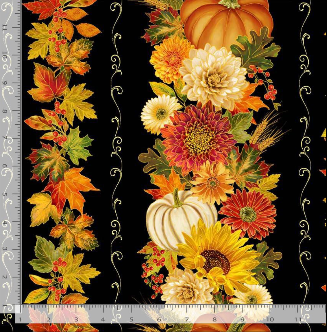 Give Thanks Harvest 11 Inch Stripe cotton fabric by Timeless Treasures featuring pumpkins, sunflowers, chrysanthemums, autumn leaves, and metallic accents on a black background.