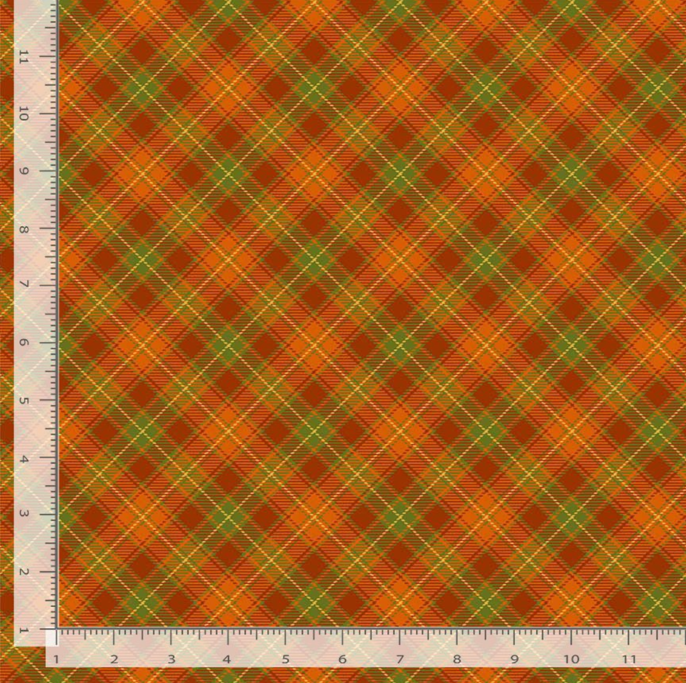 Give Thanks Bias Tartan Plaid Metallic cotton fabric by Timeless Treasures featuring diagonal autumn plaid in orange, rust, olive green, and gold metallic accents.