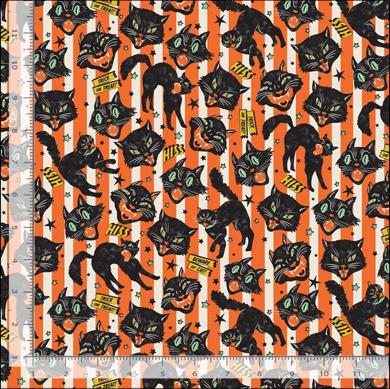 Wicked Willow Trick or Treat Cats fabric by Timeless Treasures featuring vintage black cats, orange striped background, stars, and retro Halloween signs.
