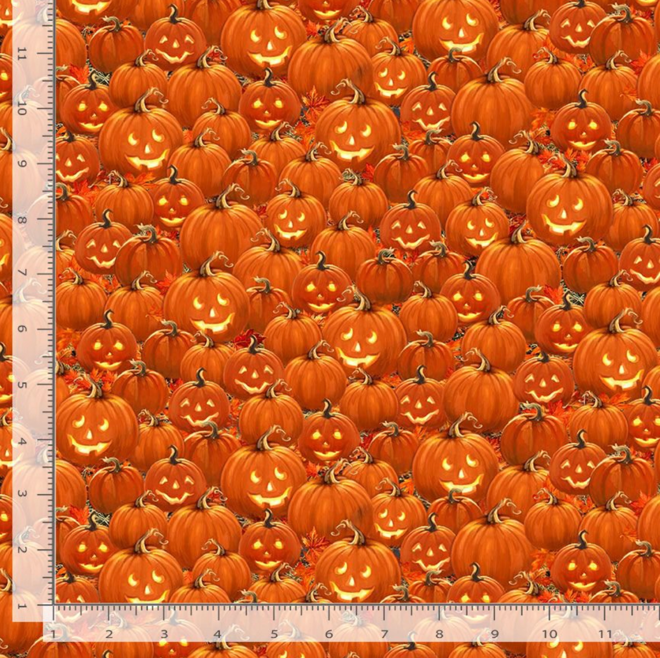 Feline Spooky Packed Jack O' Lantern fabric by Timeless Treasures featuring tightly packed glowing carved pumpkins on orange premium quilting cotton.