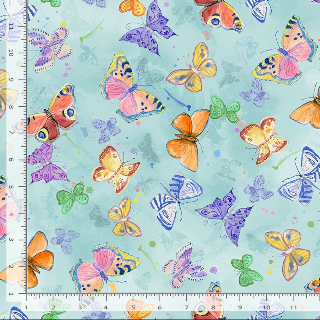 Pastel watercolor butterflies scattered across a soft sky blue background on Love Spell quilting cotton fabric by Chong-A Hwang for Timeless Treasures.