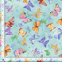 Pastel watercolor butterflies scattered across a soft sky blue background on Love Spell quilting cotton fabric by Chong-A Hwang for Timeless Treasures.