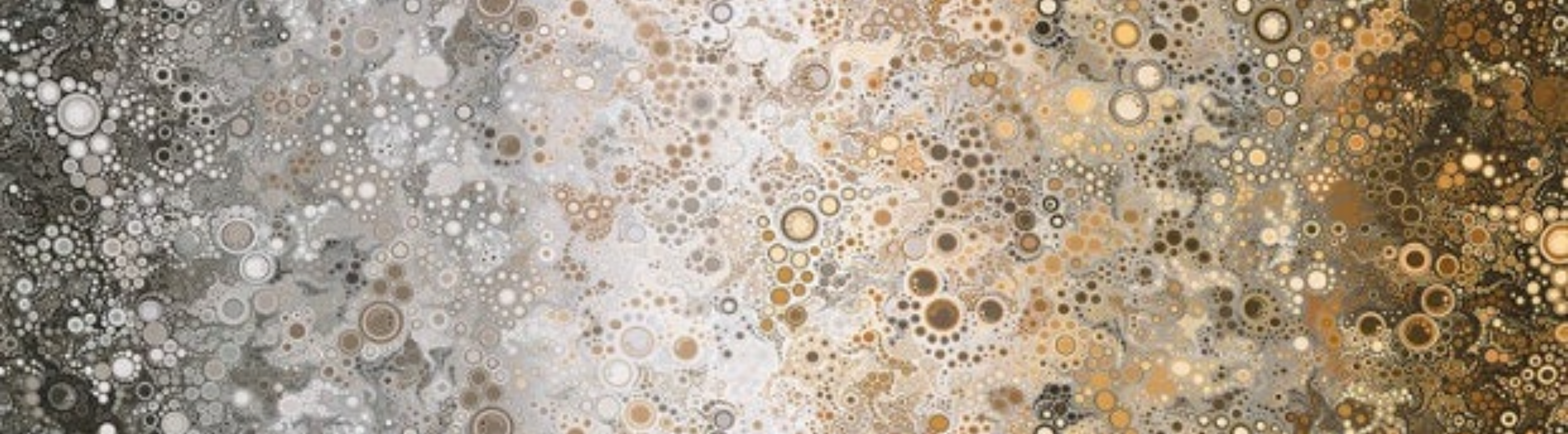 Abstract grey digital print quilting cotton featuring layered circles and bubble-like dots in shades of grey, ivory, taupe, and charcoal by Amelia Caruso for Robert Kaufman.