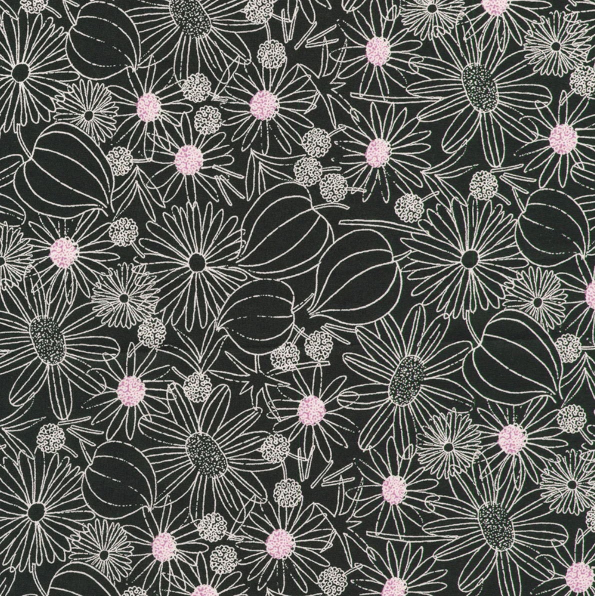 Premium Japanese cotton lawn fabric featuring delicate white floral line art with blush pink flower centers on a black background by Sevenberry for Robert Kaufman.