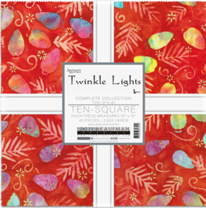 Artisan Batiks Twinkle Lights Ten Squares Layer Cake by Lunn Studios for Robert Kaufman featuring 42 pre-cut 10-inch batik fabric squares in festive Christmas reds, greens, winter neutrals, and holiday-themed prints including holly, candy canes, pine branches, and snowflakes.