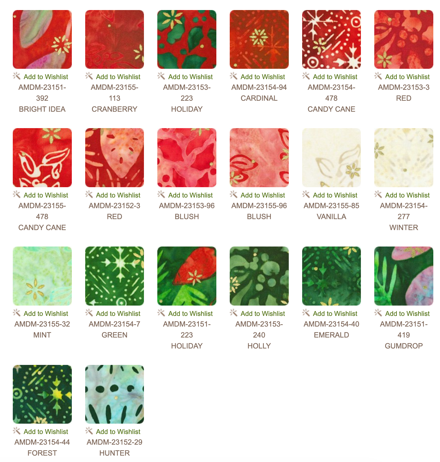 Artisan Batiks Twinkle Lights Fat Quarter Bundle by Lunn Studios for Robert Kaufman featuring 20 coordinating batik fat quarters in festive Christmas reds, emerald greens, cranberry, mint, blush, vanilla, and holiday-themed prints including holly, candy canes, pine branches, ornaments, berries, and snowflakes.